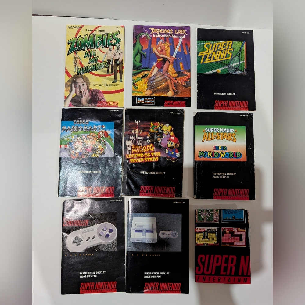 Vtg Super Nintendo Entertainment System SNES 8 manuals and 1 poster